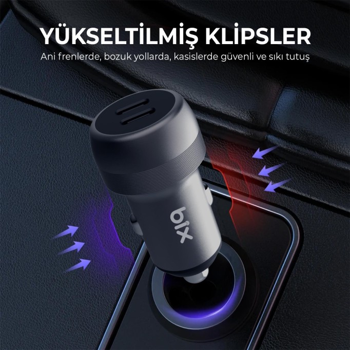 Bix 100W 2*Type-C PD 3.0 Portlu PPS Destekli Mini Araç içi Hızlı Şarj Cihazı Gri