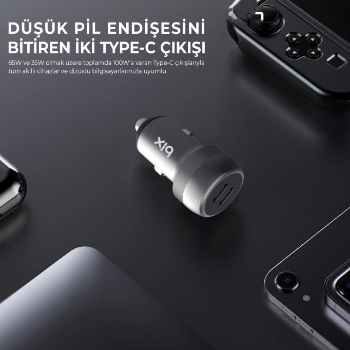 Bix 100W 2*Type-C PD 3.0 Portlu PPS Destekli Mini Araç içi Hızlı Şarj Cihazı Gri