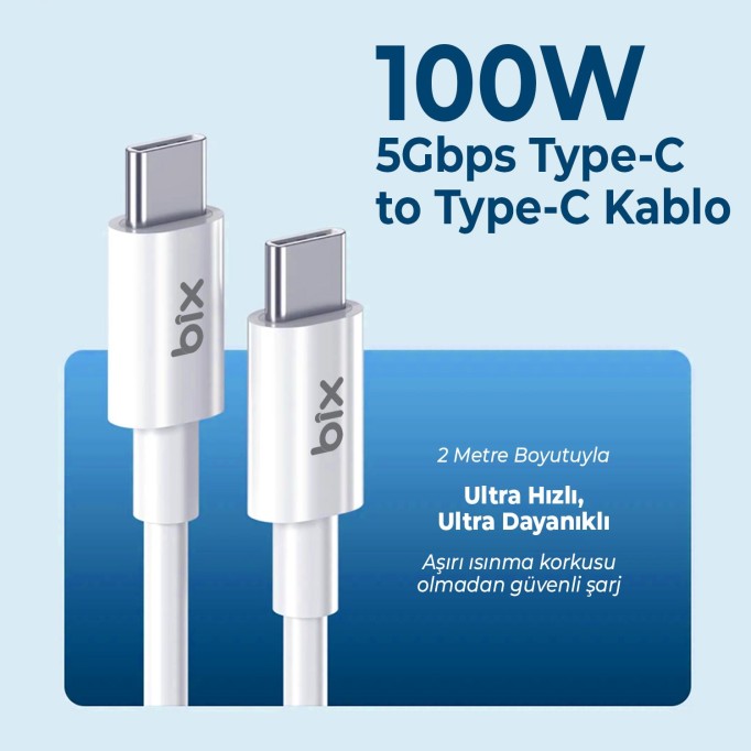Bix 100W 5Gbps E-Mark Çipli Type-C to Type-C PD Şarj ve Data Kablosu 2 Metre Beyaz