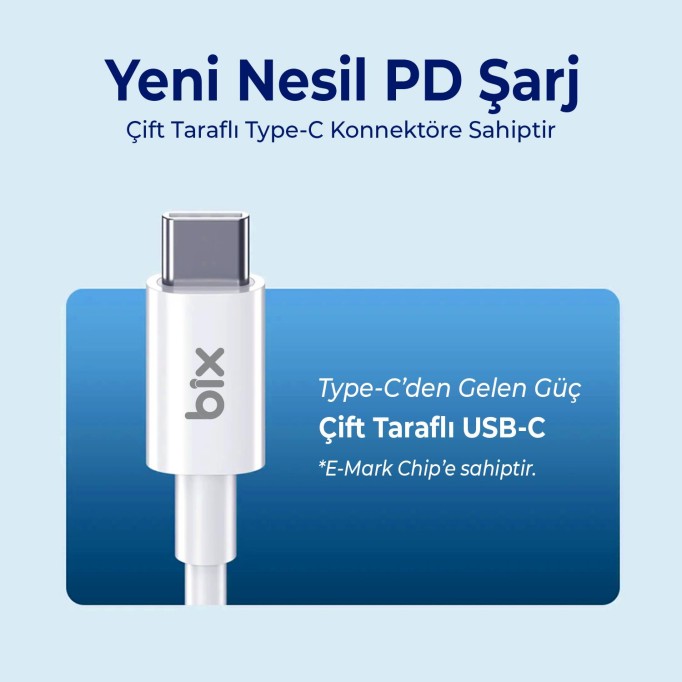 Bix 100W 5Gbps E-Mark Çipli Type-C to Type-C PD Şarj ve Data Kablosu 2 Metre Beyaz