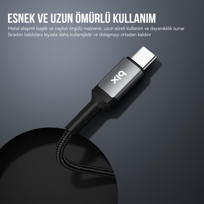 Bix 100W Hi-Speed 20Gbps 4K 60Hz Örgülü Metalik Başlıklı Type-C Şarj Data ve Görüntü Kablosu Koyu Gri 1 Metre