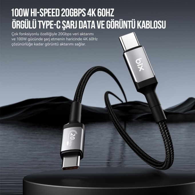 Bix 100W Hi-Speed 20Gbps 4K 60Hz Örgülü Metalik Başlıklı Type-C Şarj Data ve Görüntü Kablosu Koyu Gri 1 Metre