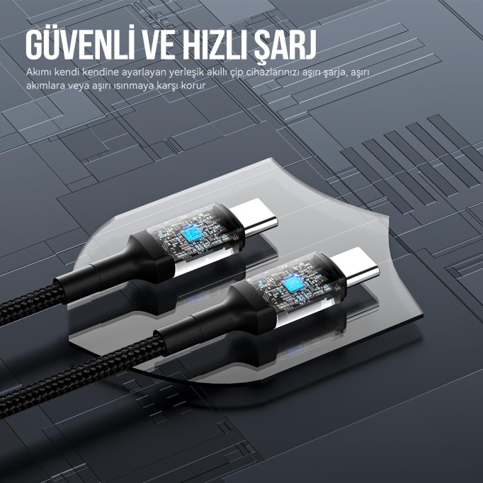 Bix 100W Hi-Speed 20Gbps 4K 60Hz Örgülü Metalik Başlıklı Type-C Şarj Data ve Görüntü Kablosu Koyu Gri 1 Metre