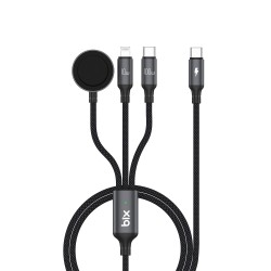 Bix 100W Type-C Lightning ve Apple Watch için 3’ü 1 Arada Çoklu Şarj ve Data Kablosu Koyu Gri 1.2 Metre
