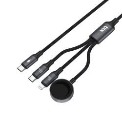 Bix 100W Type-C Lightning ve Apple Watch için 3’ü 1 Arada Çoklu Şarj ve Data Kablosu Koyu Gri 1.2 Metre