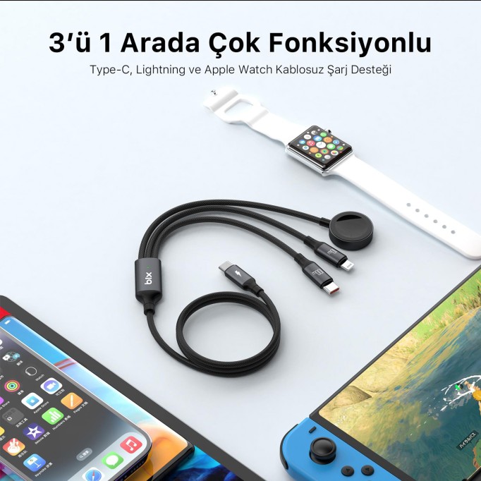 Bix 100W Type-C Lightning ve Apple Watch için 3’ü 1 Arada Çoklu Şarj ve Data Kablosu Koyu Gri 1.2 Metre