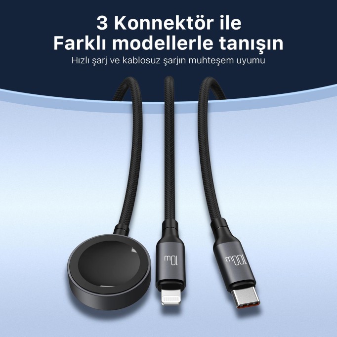Bix 100W Type-C Lightning ve Apple Watch için 3’ü 1 Arada Çoklu Şarj ve Data Kablosu Koyu Gri 1.2 Metre