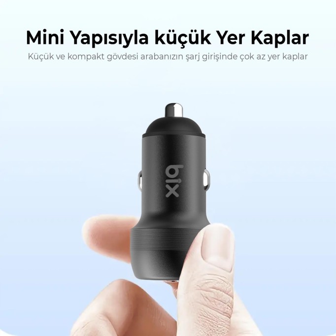 Bix 100W Type-C PD 65W ve USB-A QC 35W PPS Destekli Çift Çıkışlı Mini Araç içi Hızlı Şarj Cihazı Gri