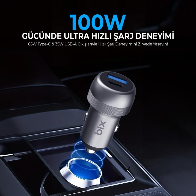 Bix 100W Type-C PD 65W ve USB-A QC 35W PPS Destekli Çift Çıkışlı Mini Araç içi Hızlı Şarj Cihazı Gri