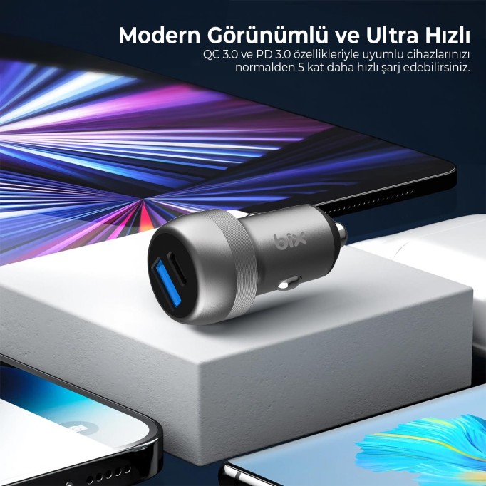 Bix 100W Type-C PD 65W ve USB-A QC 35W PPS Destekli Çift Çıkışlı Mini Araç içi Hızlı Şarj Cihazı Gri