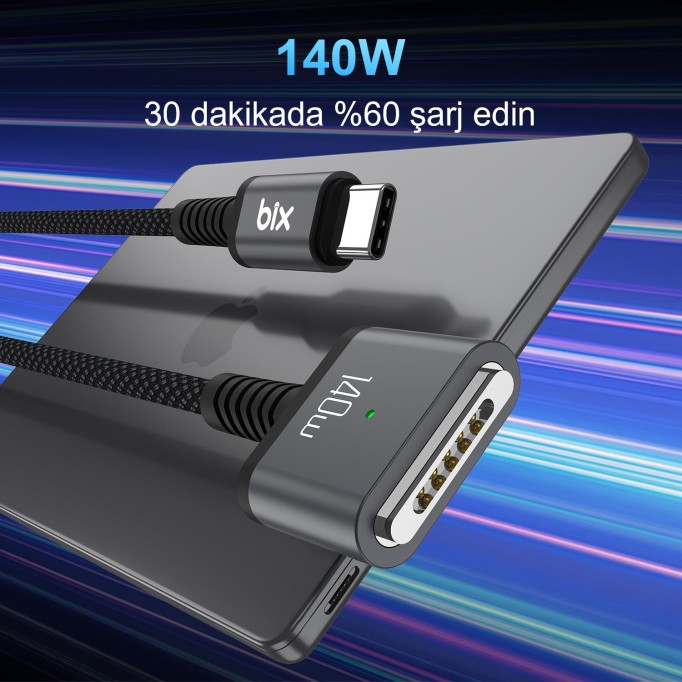 Bix 140W Type-C to Magsafe 3 Macbook Pro ve Macbook Air 13″ 14″ 16″ M1 M2 Uyumlu Manyetik Örgülü Şarj Kablosu 2 Metre