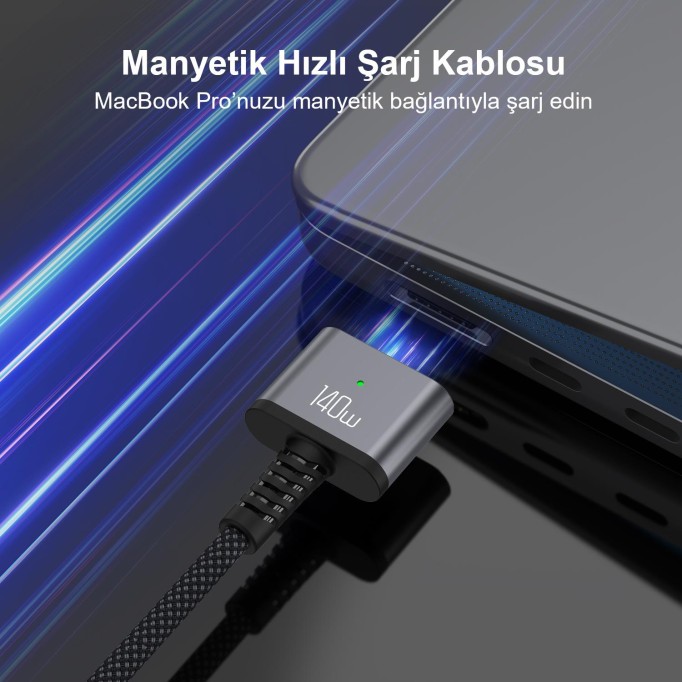 Bix 140W Type-C to Magsafe 3 Macbook Pro ve Macbook Air 13″ 14″ 16″ M1 M2 Uyumlu Manyetik Örgülü Şarj Kablosu 2 Metre