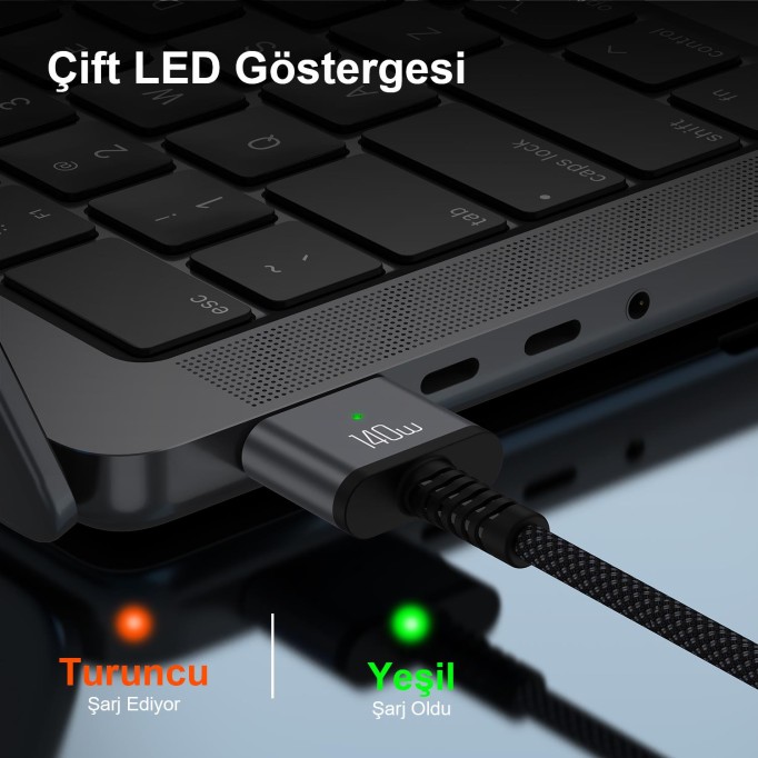 Bix 140W Type-C to Magsafe 3 Macbook Pro ve Macbook Air 13″ 14″ 16″ M1 M2 Uyumlu Manyetik Örgülü Şarj Kablosu 2 Metre