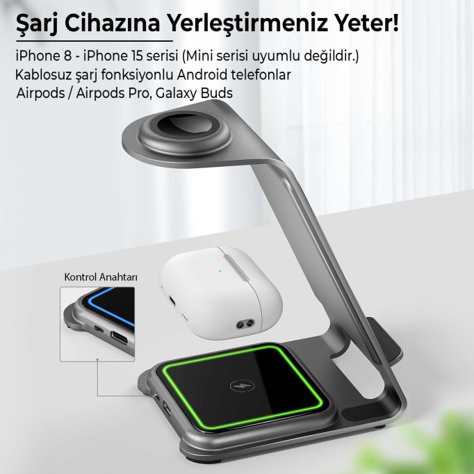 Bix 15W 3’ü 1 Arada iPhone Apple Watch AirPods Uyumlu Ultra İnce Manyetik Kablosuz Şarj İstasyonu