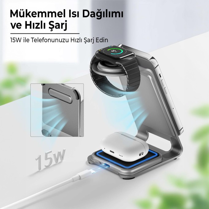 Bix 15W 3’ü 1 Arada iPhone Apple Watch AirPods Uyumlu Ultra İnce Manyetik Kablosuz Şarj İstasyonu