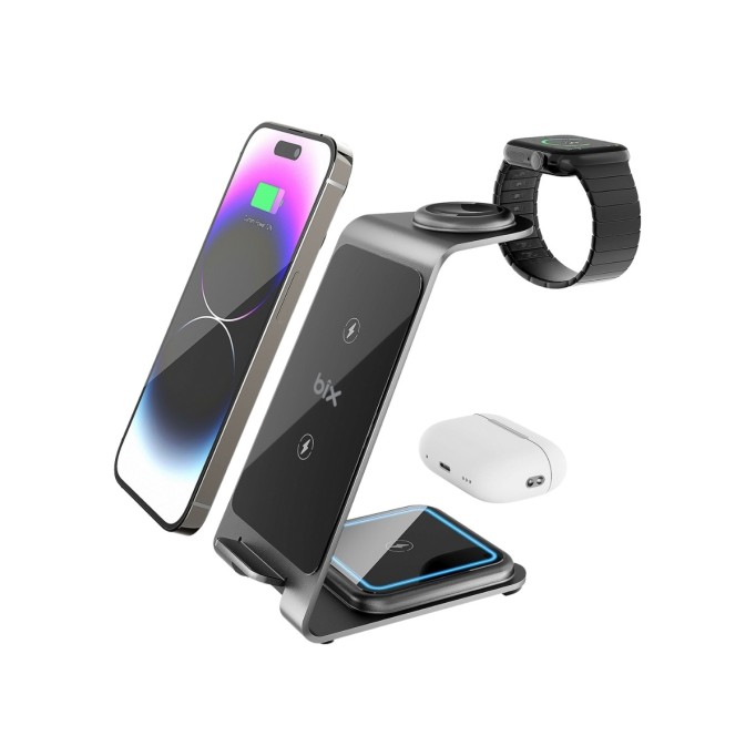 Bix 15W 3’ü 1 Arada iPhone Apple Watch AirPods Uyumlu Ultra İnce Manyetik Kablosuz Şarj İstasyonu