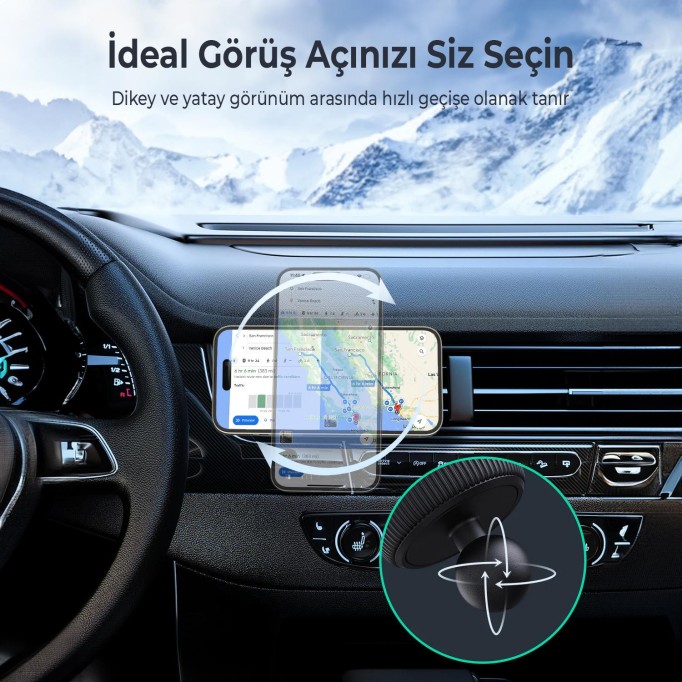 Bix 15W MagSafe Uyumlu Kablosuz Şarj ve Manyetik Araç içi Telefon Tutucu Siyah