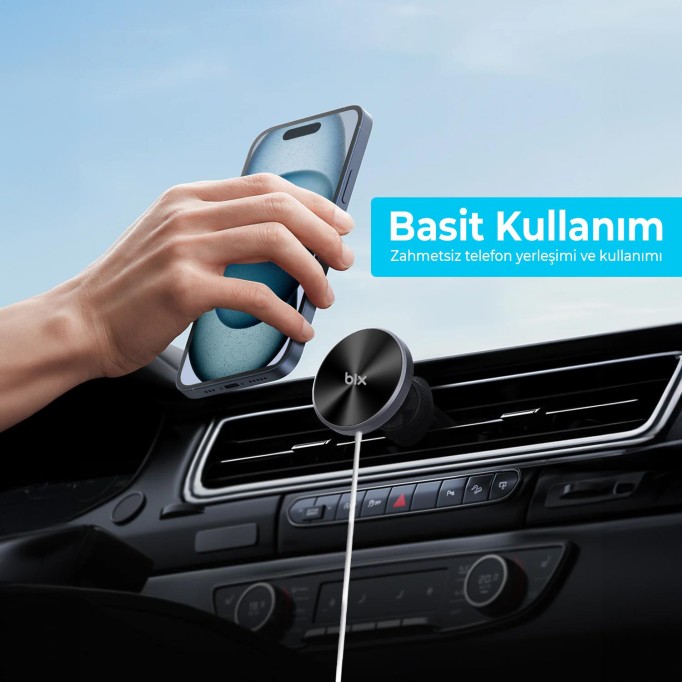 Bix 15W MagSafe Uyumlu Kablosuz Şarj ve Manyetik Araç içi Telefon Tutucu Siyah