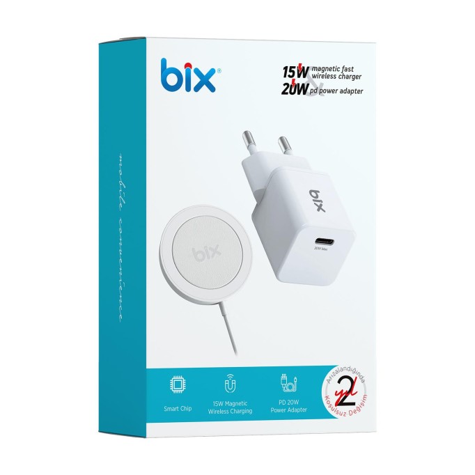 Bix 15W Manyetik Kablosuz Şarj Cihazı ve 20W GaN Type-C PD Şarj Adaptörü Beyaz