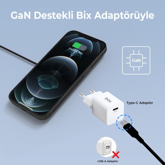 Bix 15W Manyetik Kablosuz Şarj Cihazı ve 20W GaN Type-C PD Şarj Adaptörü Beyaz