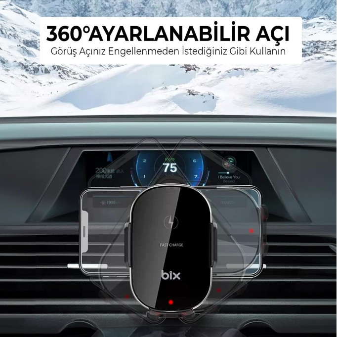 Bix 15W Manyetik Kablosuz Şarj Destekli 360° Ayarlanabilir Araç içi Telefon Tutucu