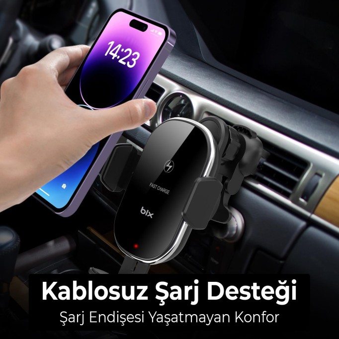 Bix 15W Manyetik Kablosuz Şarj Destekli 360° Ayarlanabilir Araç içi Telefon Tutucu