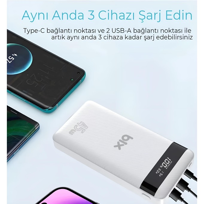 Bix 20000mAh 45W 2*USB ve Type-C Hızlı Şarj Destekli Led Göstergeli Powerbank Beyaz