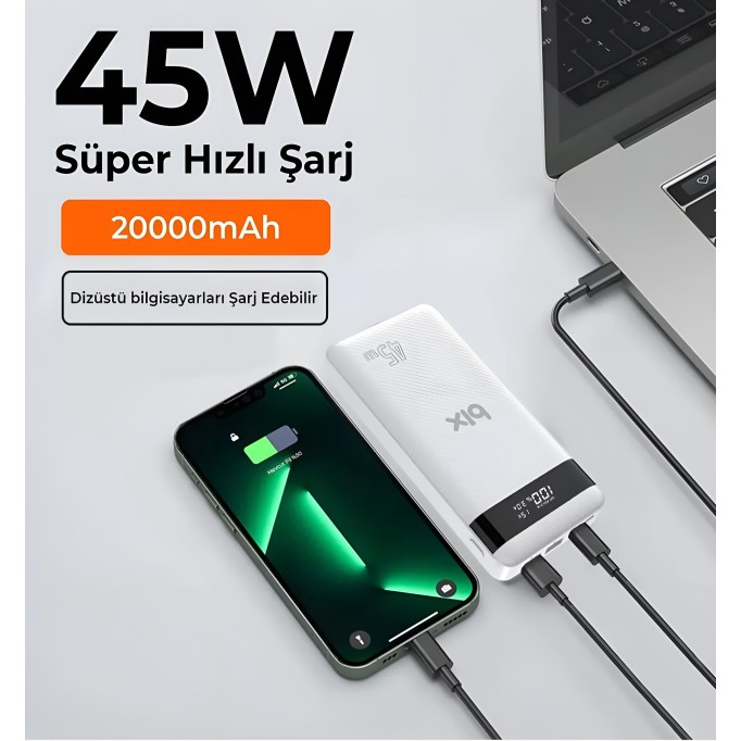 Bix 20000mAh 45W 2*USB ve Type-C Hızlı Şarj Destekli Led Göstergeli Powerbank Beyaz