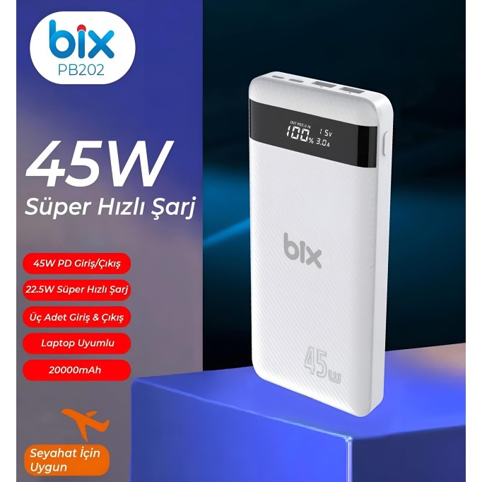 Bix 20000mAh 45W 2*USB ve Type-C Hızlı Şarj Destekli Led Göstergeli Powerbank Beyaz