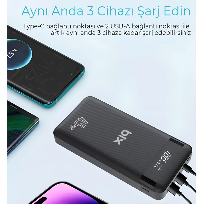 Bix 20000mAh 45W 2*USB ve Type-C Hızlı Şarj Destekli Led Göstergeli Powerbank Siyah