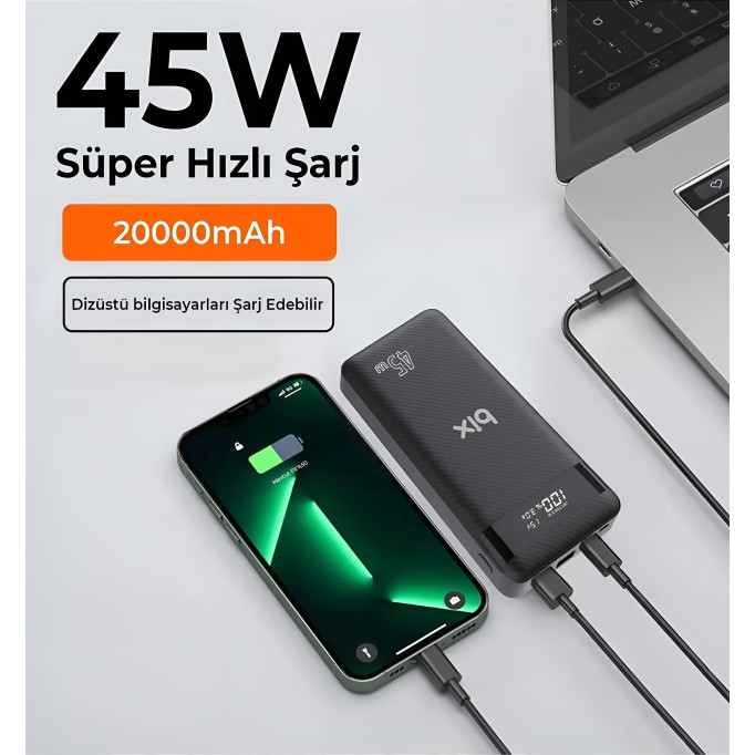 Bix 20000mAh 45W 2*USB ve Type-C Hızlı Şarj Destekli Led Göstergeli Powerbank Siyah