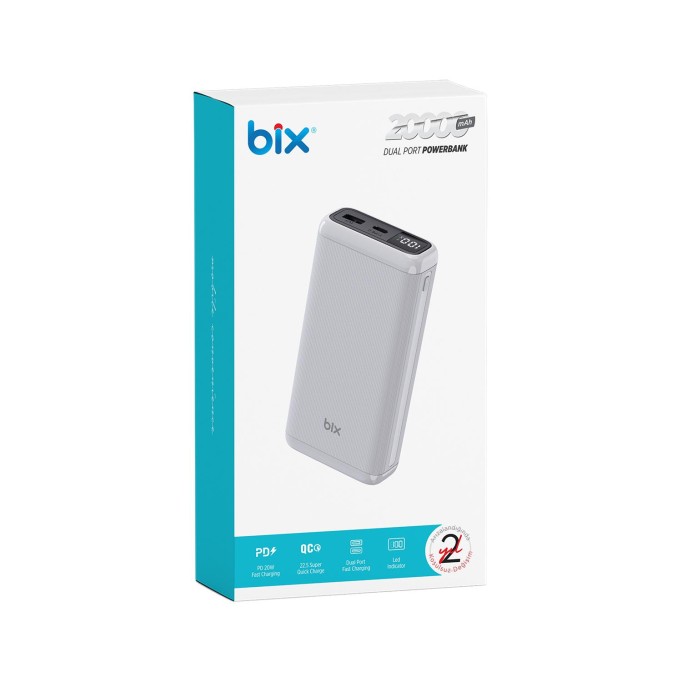 Bix 20000mAh USB-A 22.5W ve Type-C PD 20W Çift Çıkışlı LED Ekranlı Powerbank Beyaz