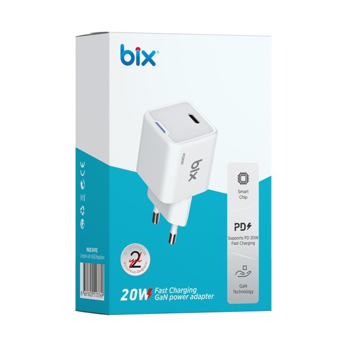 Bix 20W GaN USB-C Hızlı Şarj Adaptörü iPhone, Android ve iPad Uyumlu Type-C PD Şarj Aleti Beyaz