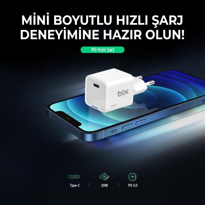 Bix 20W GaN USB-C Hızlı Şarj Adaptörü iPhone, Android ve iPad Uyumlu Type-C PD Şarj Aleti Beyaz