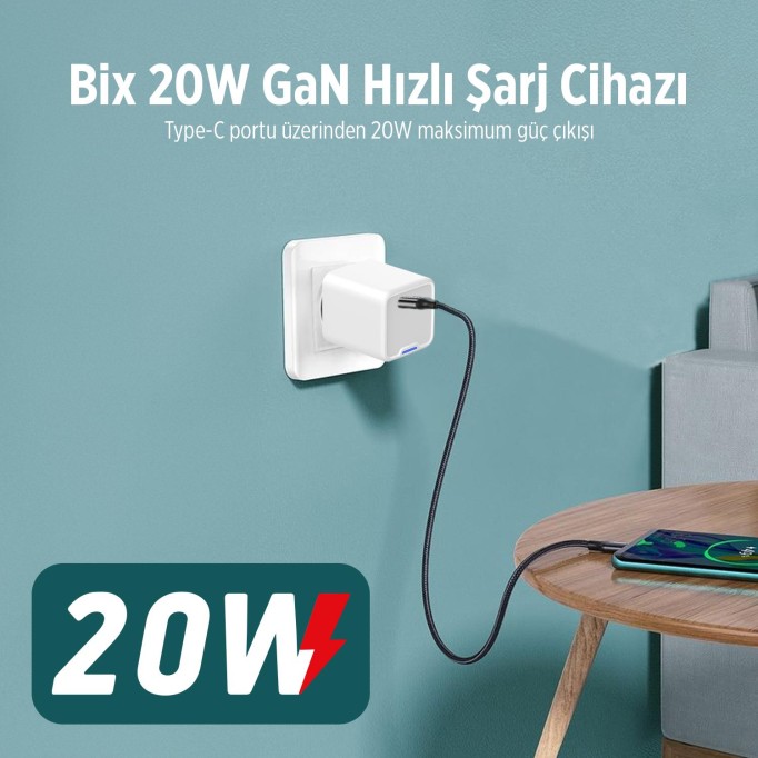 Bix 20W GaN USB-C Hızlı Şarj Adaptörü iPhone, Android ve iPad Uyumlu Type-C PD Şarj Aleti Beyaz
