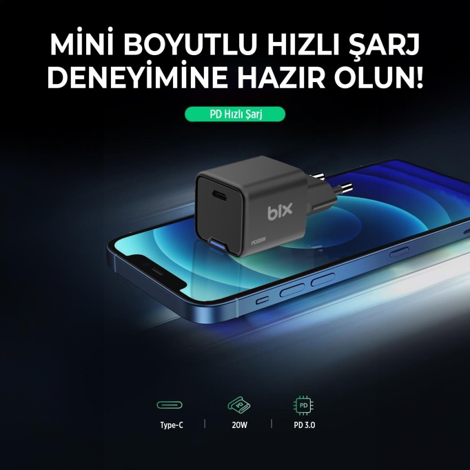 Bix 20W GaN USB-C Hızlı Şarj Adaptörü iPhone, Android ve iPad Uyumlu Type-C PD Şarj Aleti Siyah
