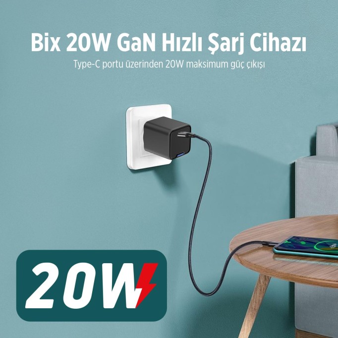 Bix 20W GaN USB-C Hızlı Şarj Adaptörü iPhone, Android ve iPad Uyumlu Type-C PD Şarj Aleti Siyah