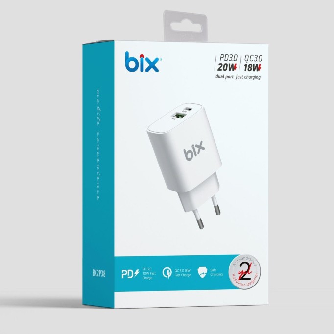 Bix 20W Type-C PD ve 18W USB QC 3.0 Çift Portlu Hızlı Şarj Cihazı
