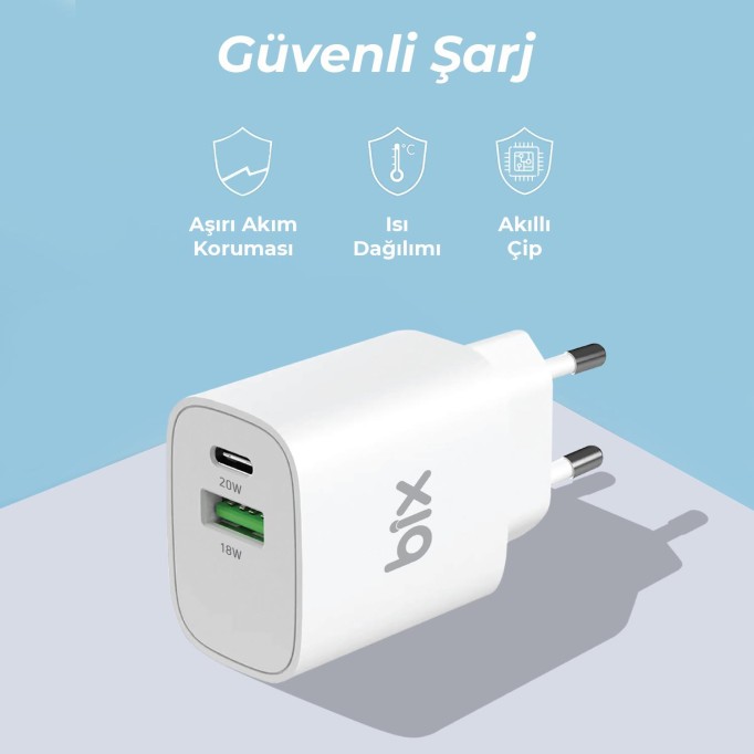 Bix 20W Type-C PD ve 18W USB QC 3.0 Çift Portlu Hızlı Şarj Cihazı