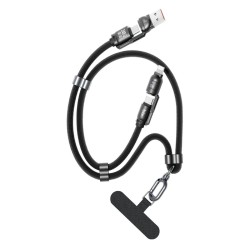 Bix 240W USB-A ve USB-C ve Lightning Çok Fonksiyonlu Askı İpli Premium Örgü 1.5 Metre Yüksek Hızlı Şarj ve Veri Kablosu Siyah