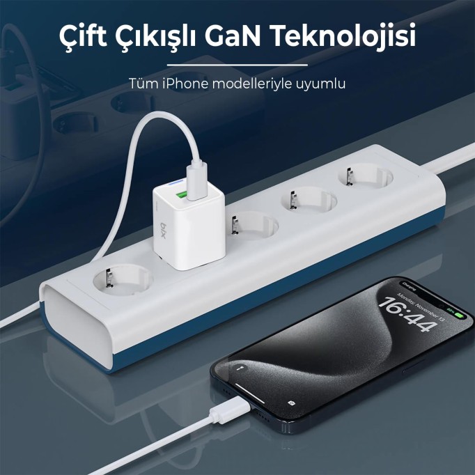 Bix 30W GaN USB-C + USB-A Hızlı Şarj Adaptörü iPhone, Android ve iPad Uyumlu Type-C PD PPS Şarj Aleti Beyaz