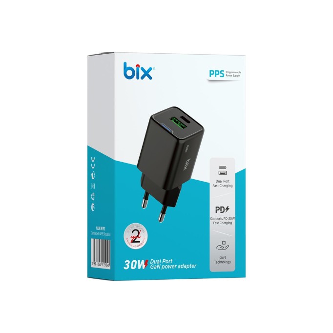 Bix 30W GaN USB-C + USB-A Hızlı Şarj Adaptörü iPhone, Android ve iPad Uyumlu Type-C PD PPS Şarj Aleti Siyah