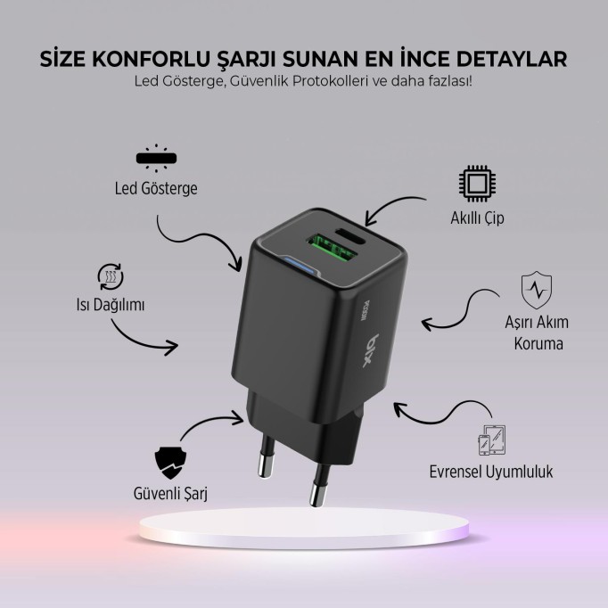 Bix 30W GaN USB-C + USB-A Hızlı Şarj Adaptörü iPhone, Android ve iPad Uyumlu Type-C PD PPS Şarj Aleti Siyah