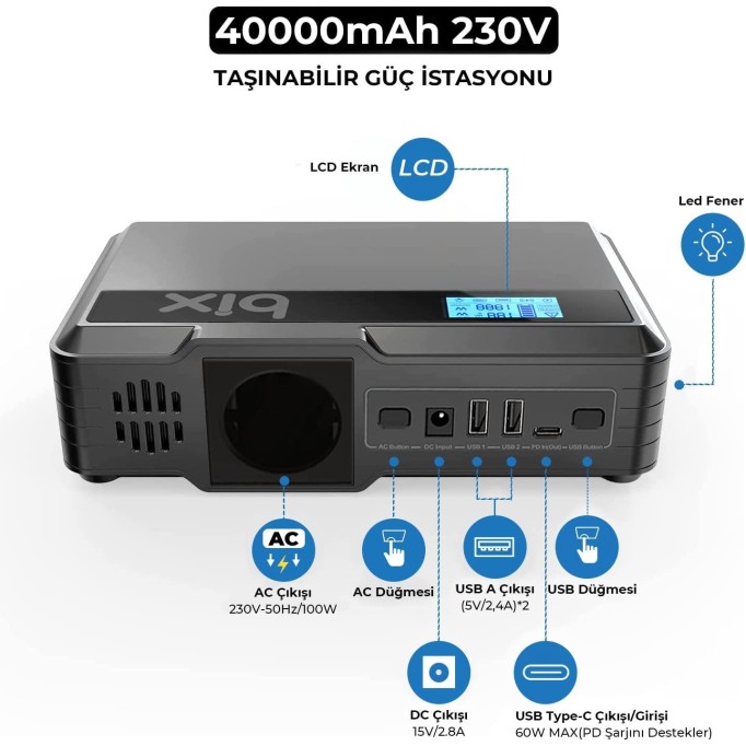 Bix 40000mAh 230V 100W İnverter Powerbank 2*USB 1*Type-C PD Çıkışlı LED Işıklı Şarj İstasyonu