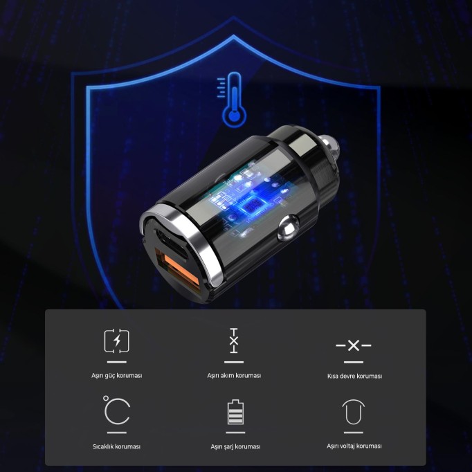 Bix 45W Type-C PD ve USB-A QC 3.0 18W Çift Çıkışlı Mini Metal Araç Şarj Cihazı Siyah
