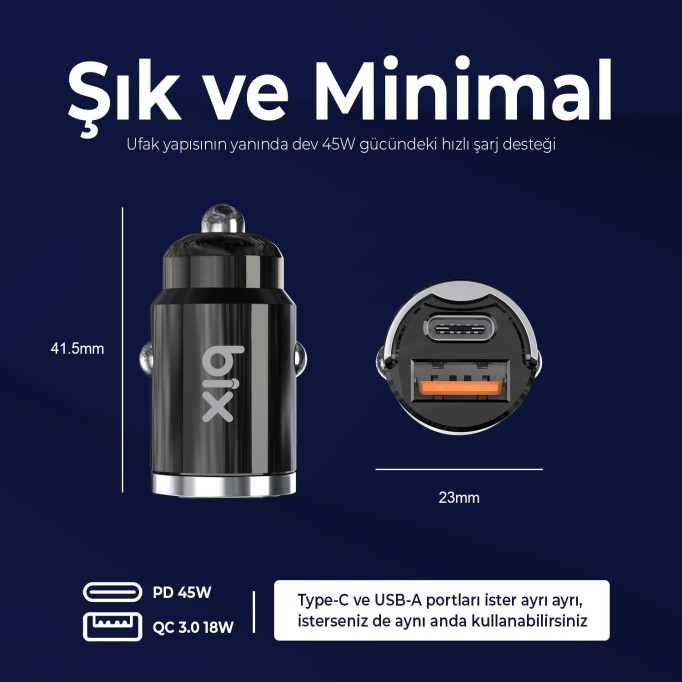 Bix 45W Type-C PD ve USB-A QC 3.0 18W Çift Çıkışlı Mini Metal Araç Şarj Cihazı Siyah