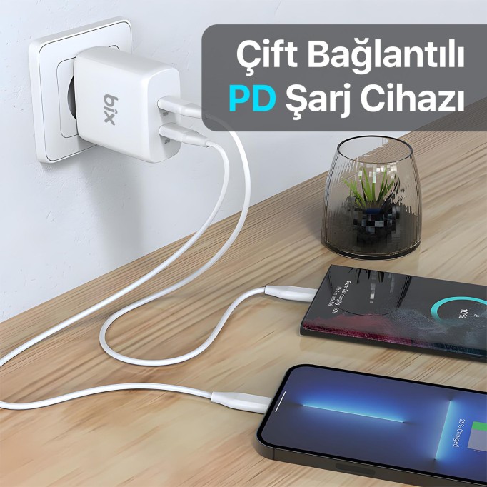 Bix 50W USB-C Çift Portlu Hızlı Şarj Adaptörü iPhone, Android ve iPad Uyumlu Type-C PD Şarj Aleti