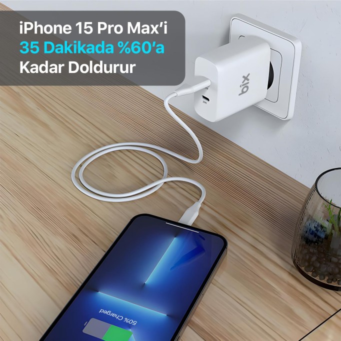 Bix 50W USB-C Çift Portlu Hızlı Şarj Adaptörü iPhone, Android ve iPad Uyumlu Type-C PD Şarj Aleti
