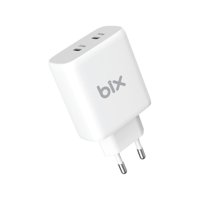 Bix 50W USB-C Çift Portlu Hızlı Şarj Adaptörü iPhone, Android ve iPad Uyumlu Type-C PD Şarj Aleti