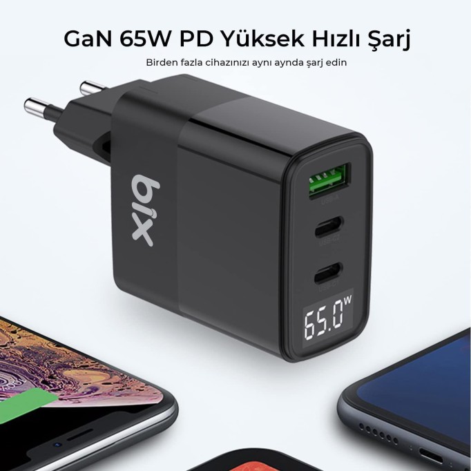 Bix 65W USB Type-C QC 4.0 PD 3.0 LED Göstergeli Gan 3 Portlu Hızlı Şarj Cihazı